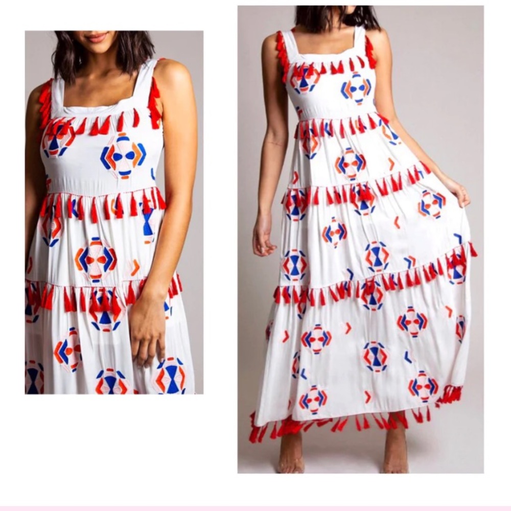 Multicolored Embroidered Tier Maxi Dress Medium